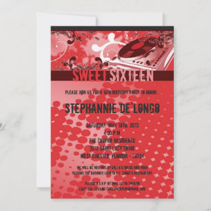 5x7 Red DJ Spin Turntable16th Birthday Invitation