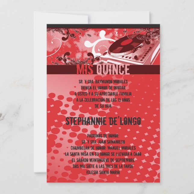 5x7 Red DJ Spin Turntable Quinceanera Invitation (Front)