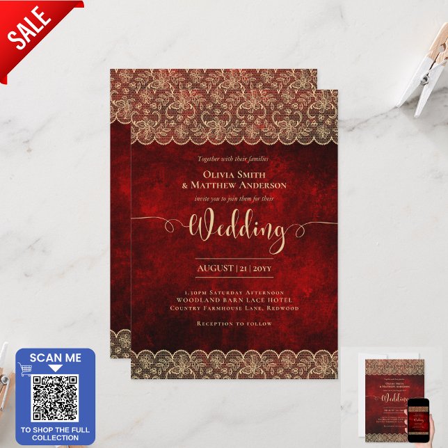 5x7 RED Gold Lace Wedding Print or DOWNLOAD Invitation (Creator Uploaded)
