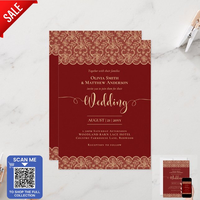 5x7 RED Gold Lace Wedding Print or DOWNLOAD Invitation (Creator Uploaded)