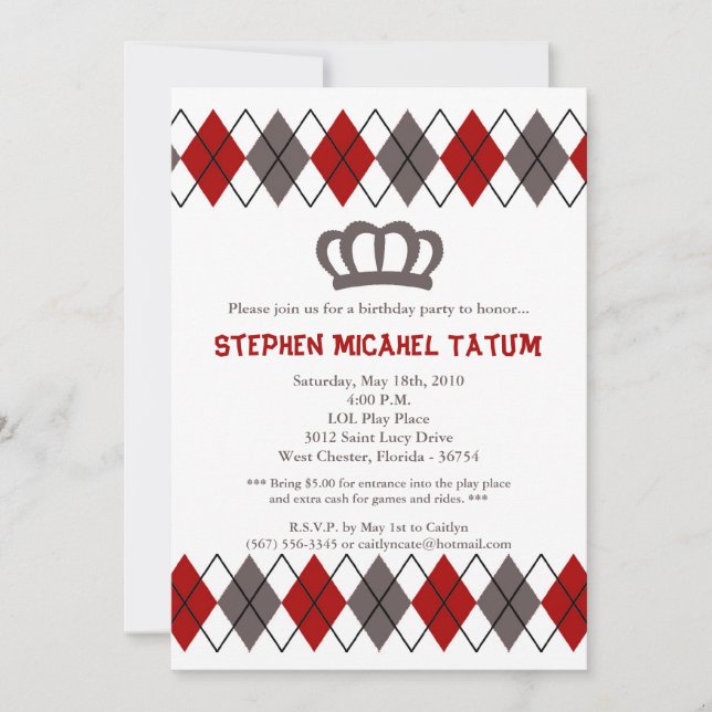 5x7 Red Gra Argyle Crown Birthday Party Invitation (Front)