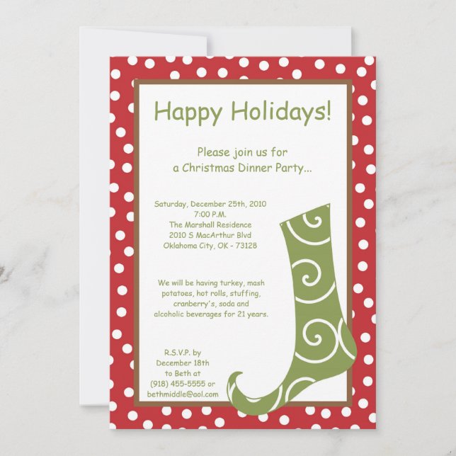 5x7 Red Green Stocking Christmas Party Invitation (Front)