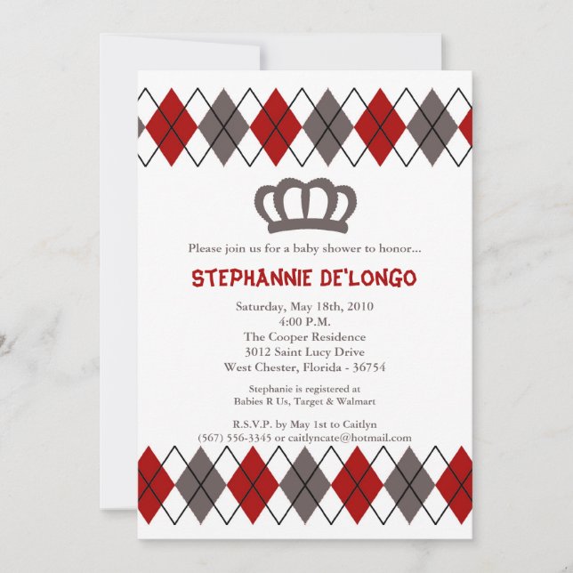 5x7 Red Grey Argyle Crown Baby Shower Invitation (Front)
