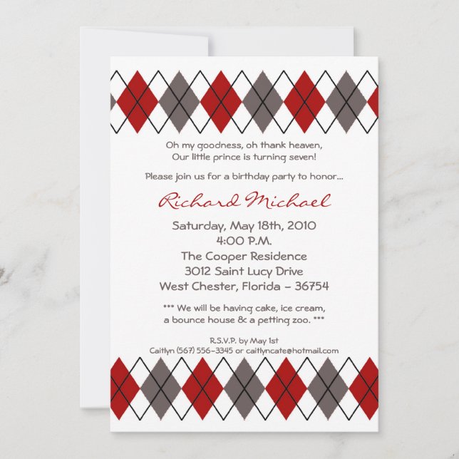 5x7 Red Grey Argyle Punk Birthday Party Invitation (Front)