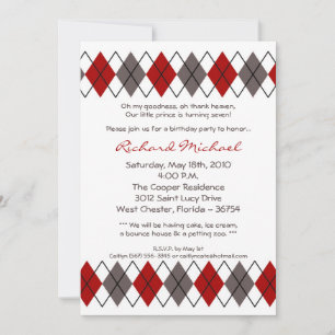5x7 Red Grey Argyle Punk Birthday Party Invitation