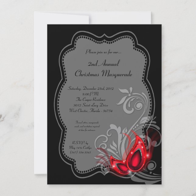 5x7 Red Masquerade Christmas XMAS Invitation (Front)