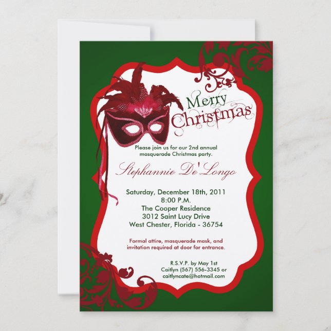 5x7 Red Masquerade Mask Christmas XMAS Invitation (Front)