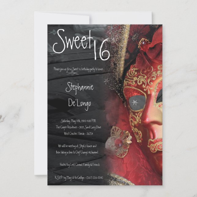 5x7 Red Masquerade Sweet 16 Birthday Invitation (Front)