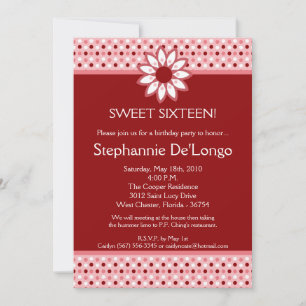 5x7 Red Polka Flower 16 Birthday Party Invitation