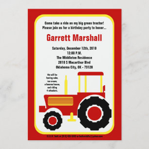 5x7 Red Yellow Farm Tractor Birthday Invitation
