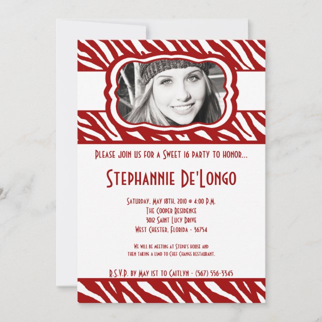 5x7 Red Zebra PHOTO Sweet 16 Birthday Invitation (Front)