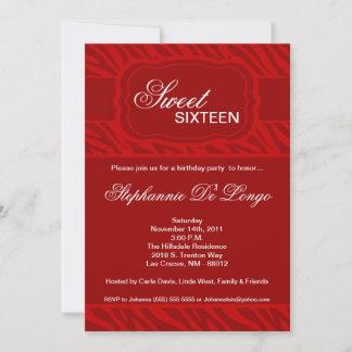 5x7 Red Zebra Print Birthday Party Invitation