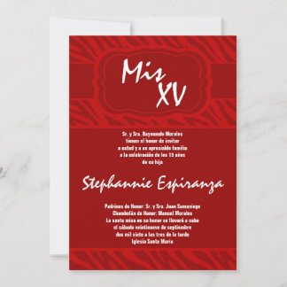 5x7 Red Zebra Print Quinceanera 15 Invitation