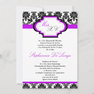 5x7 Royal Purple Damask Quinceanera Invitation