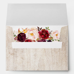 5x7 - Rustic Wood Burgundy Floral & Return Address Envelope