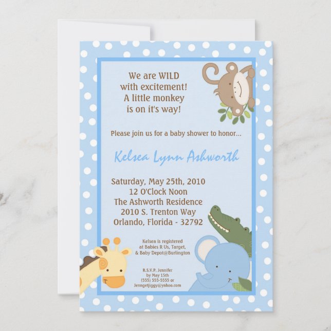 5x7 Safari Jungle ZooAnimal Baby Shower Invitation (Front)