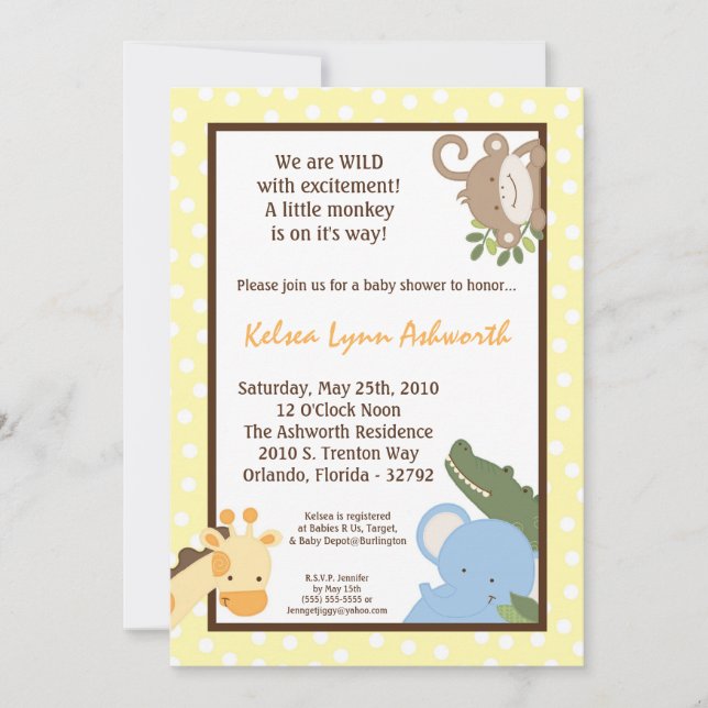 5x7 Safari Jungle ZooAnimal Baby Shower Invitation (Front)