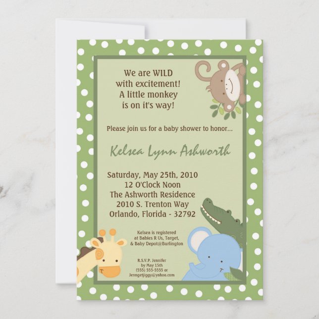 5x7 Safari Jungle ZooAnimal Baby Shower Invitation (Front)