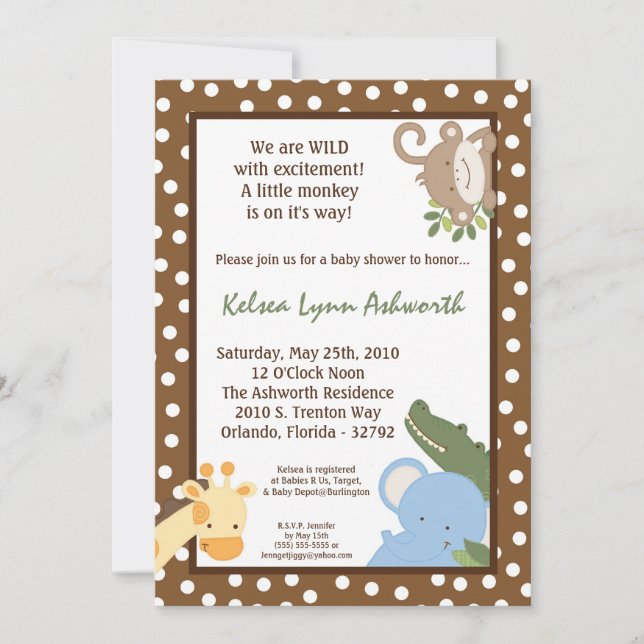 5x7 Safari Jungle ZooAnimal Baby Shower Invitation (Front)