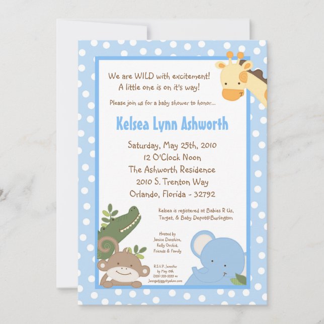 5x7 Safari Jungle ZooAnimal Baby Shower Invitation (Front)