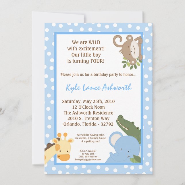 5x7 Safari Jungle ZooAnimal Birthday Invitation (Front)