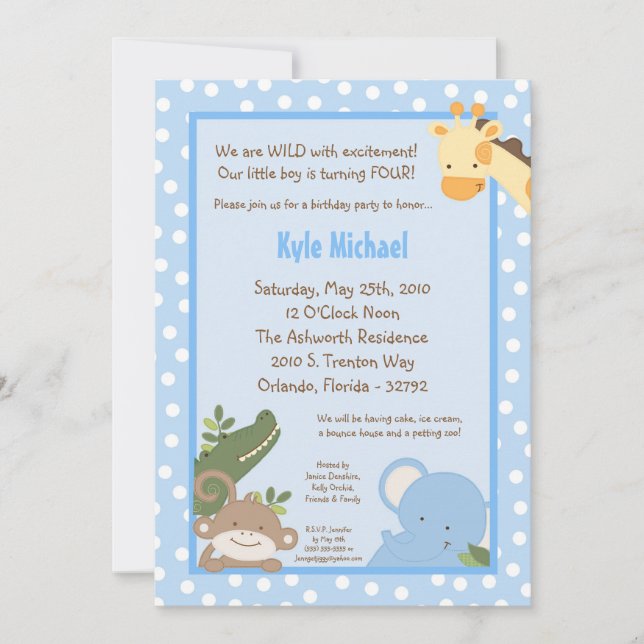 5x7 Safari Jungle ZooAnimal Birthday Invitation (Front)