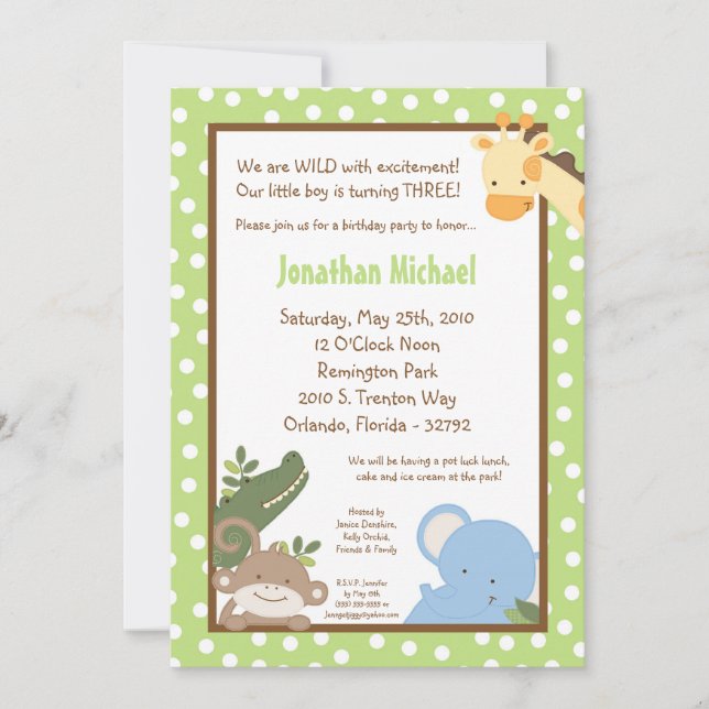 5x7 Safari Jungle ZooAnimal Birthday Invitation (Front)