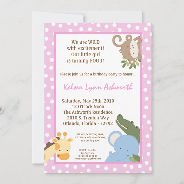 5x7 Safari Jungle ZooAnimal Birthday Invitation (Front)