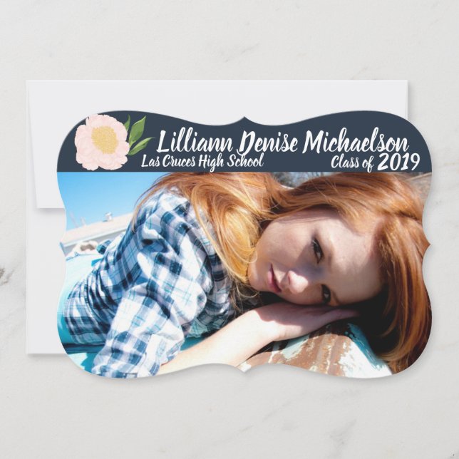 5x7 Senior Announcement Baby Pink Cosmos on Navy (Front)