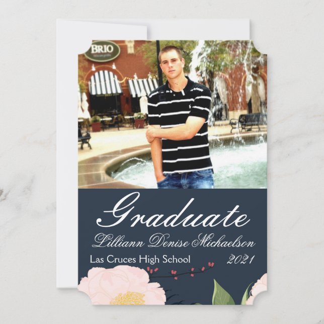 5x7 Senior Announcement Baby Pink Cosmos on Navy (Front)