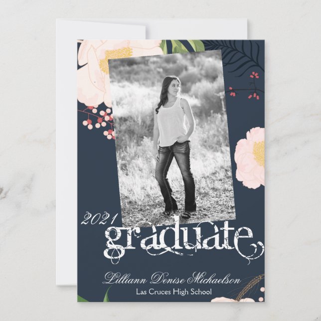 5x7 Senior Announcement Baby Pink Cosmos on Navy (Front)