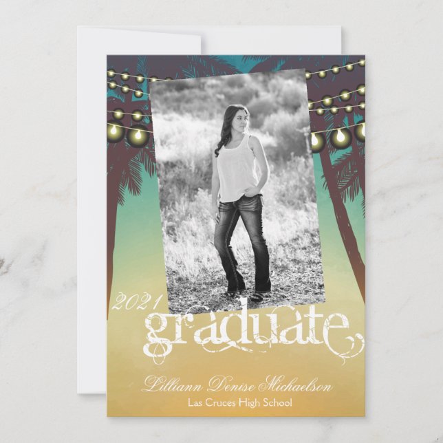 5x7 Senior Announcement Beach Sunset Palm Tree Str (Front)