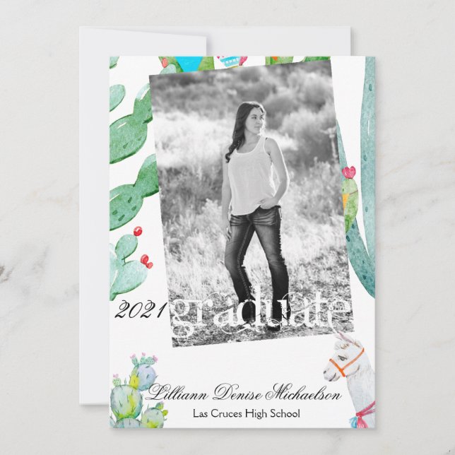 5x7 Senior Announcement Boho Llama Bohemian Cacti (Front)