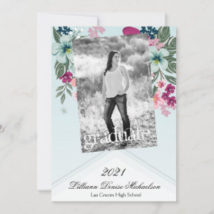 5x7 Senior Announcement Tropical Flowers on Blue O
