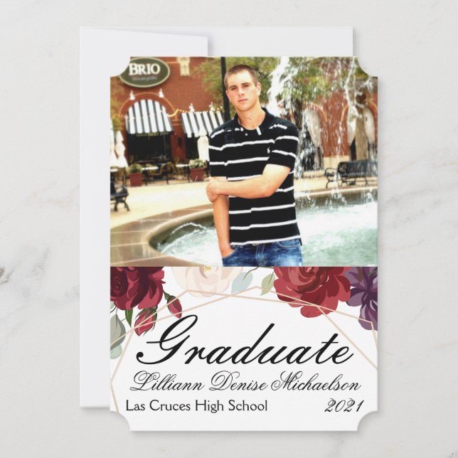 5x7 Senior Announcement White Roses Gold Geometric (Front)