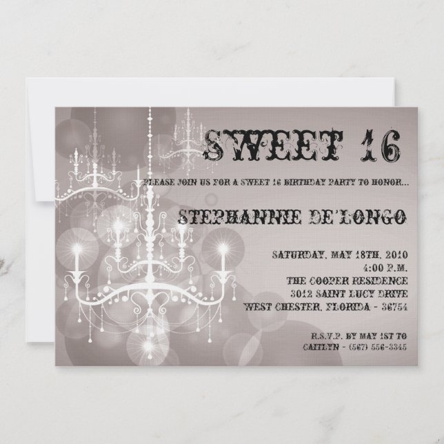 5x7 Silver Chandelier Sweet 16 Birthday Invitation (Front)