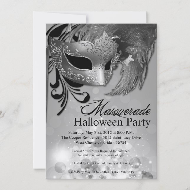 5x7 Silver Masquerade Halloween Invitation (Front)