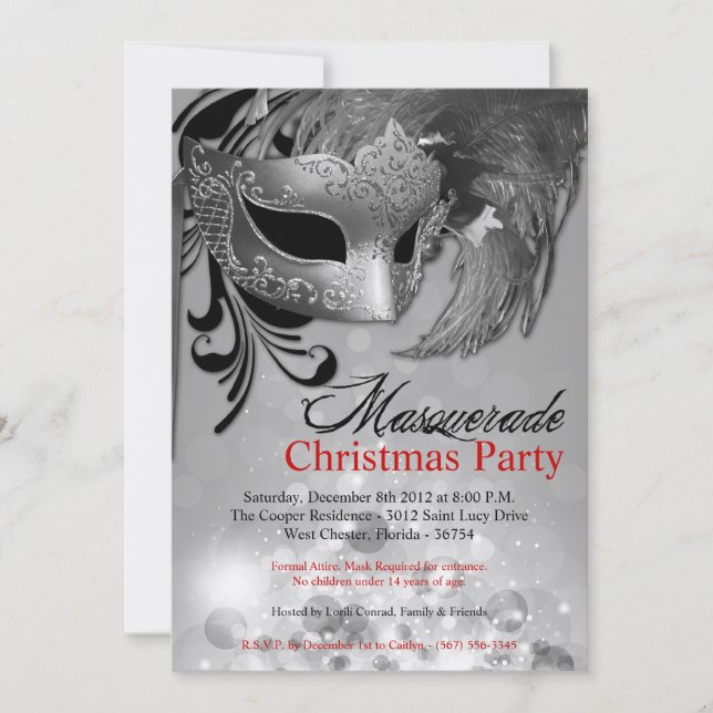 5x7 Silver Red Masquerade Christmas Invitation (Front)