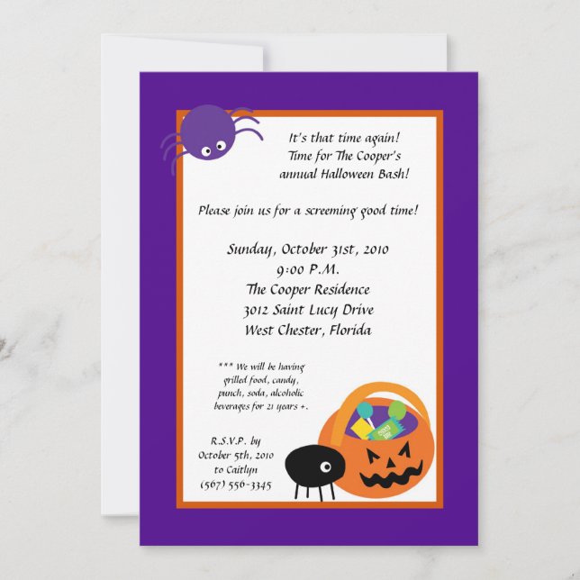 5x7 Spiders Candy Halloween Bash Party Invitation (Front)