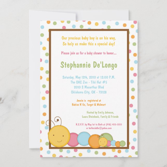 5x7 Spring Caterpillar Worm Baby Shower Invitation (Front)