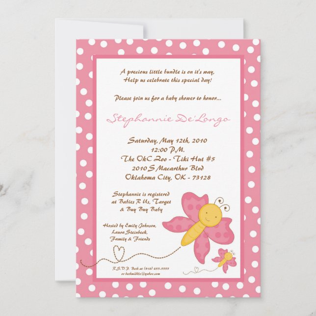5x7 Spring Pink Butterfly Baby Shower Invitation (Front)
