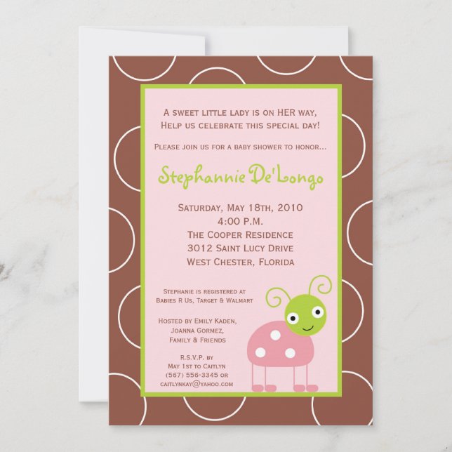 5x7 Spring Pink Lady Bug Baby Shower Invitation (Front)