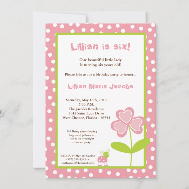 5x7 Spring Time Lady Bug Birthday Party Invitation (Front)