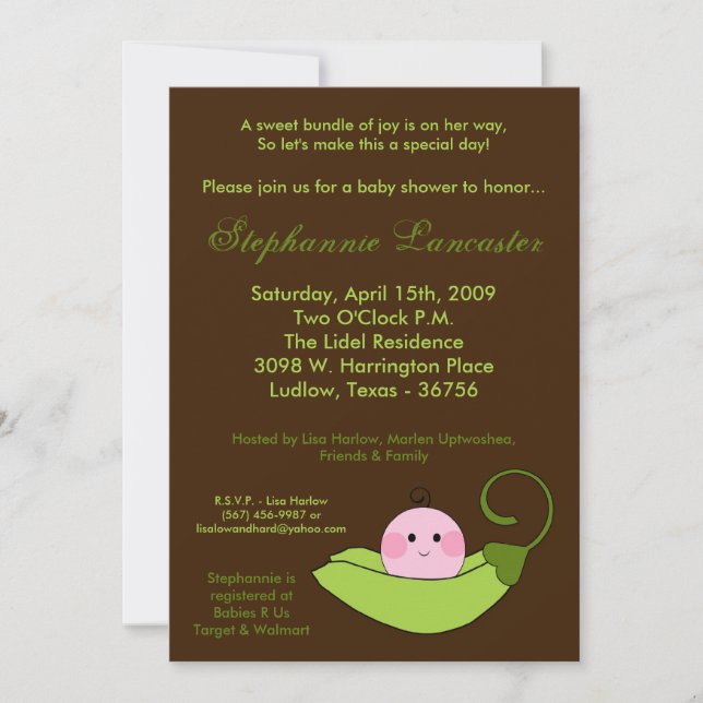 5x7 Sweet Pea in a Pod Baby Shower Invitation (Front)