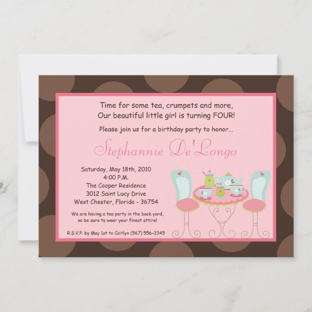 5x7 Tea Party Polka Dot Birthday Party Invitation (Front)