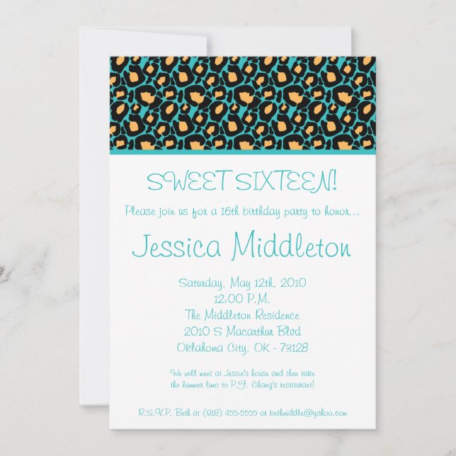 5x7 Teal Cheetah Print 16th Birthday Invitation (Front)