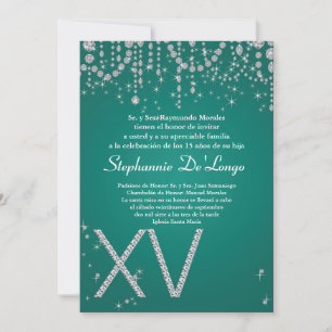 5x7 Teal Diamond Quinceanera Birthday Invitation