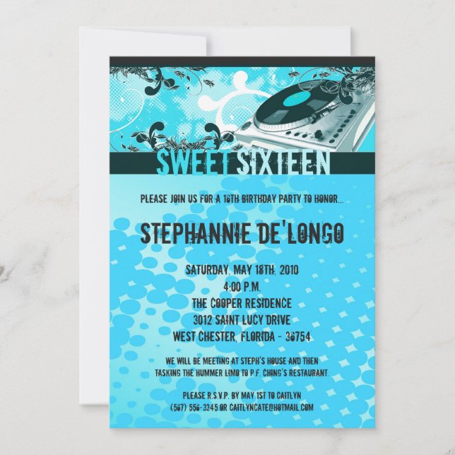 5x7 Teal DJ Spin Turntable16th Birthday Invitation (Front)