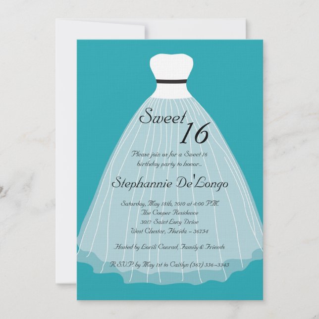 5x7 Teal Dress Sweet 16 Birthday Invitation (Front)
