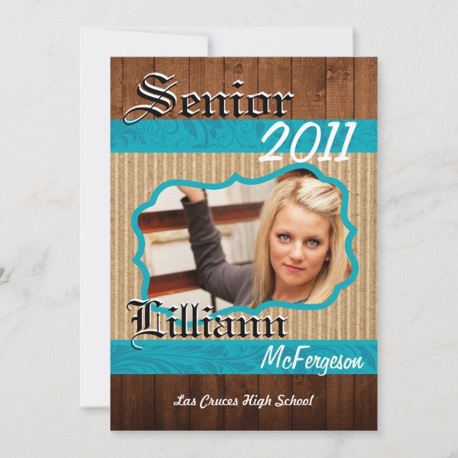 5x7 Teal Floral Wood Photo Senior Announcement (Front)